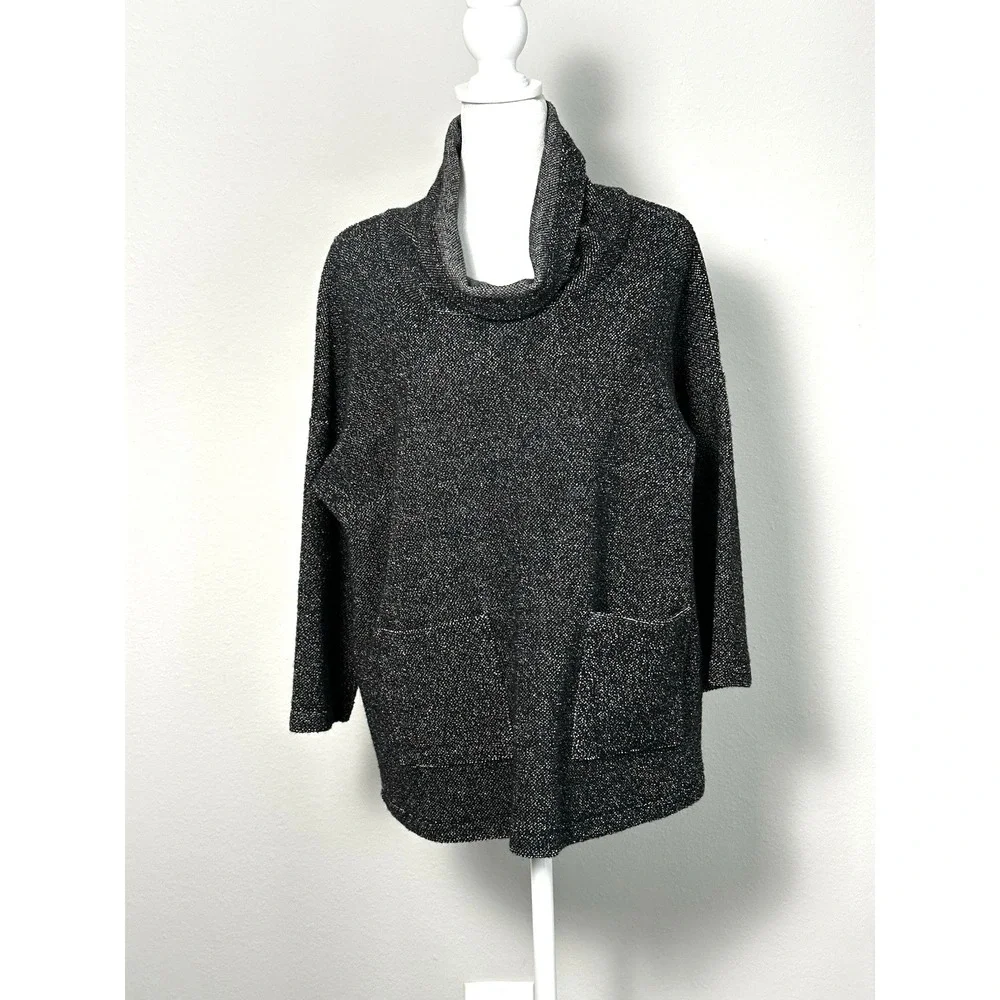 Eileen Fisher Black Speckled Tunic 2 Pockets ‎ Longsleeve Tunic Top SP